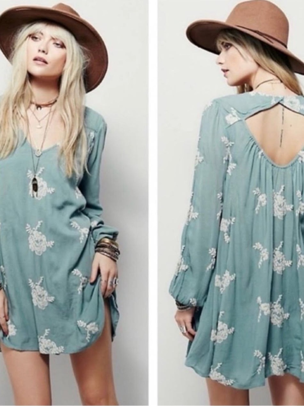 Free People Sage Green Floral Embroidered Peasant Tunic